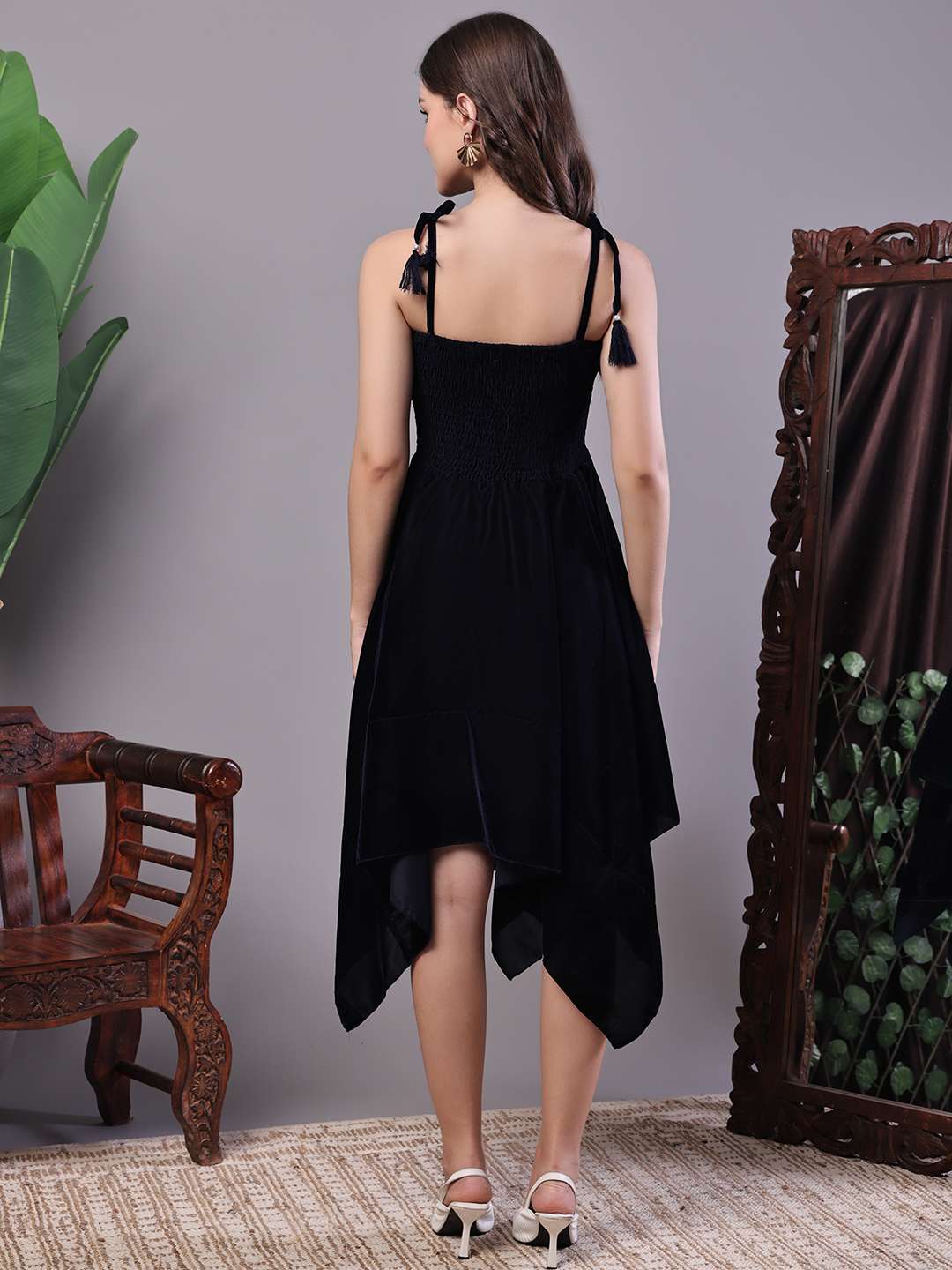 Women's Junglee Black Velvet Party Midi Dress with Asymmetrical Hemline Midi Dresses - Image 2